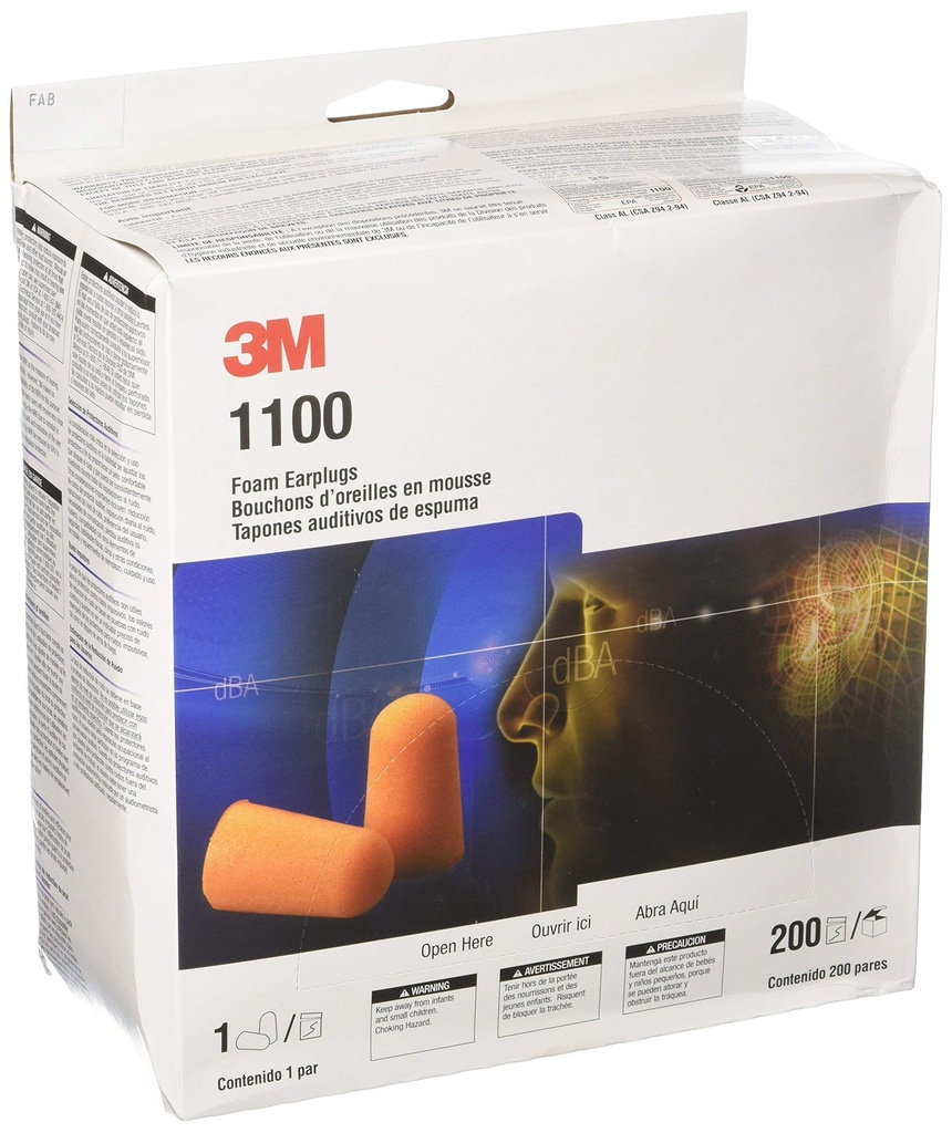 3M, 1100, Foam Earplugs, Uncorded, 200pairs/box