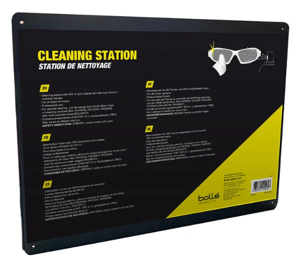 Bolle Safety, PACD500, Lens Cleaning Station with 500ML Lens Cleaner + 2x200 Multi Function Dry Cleaning Tissues
