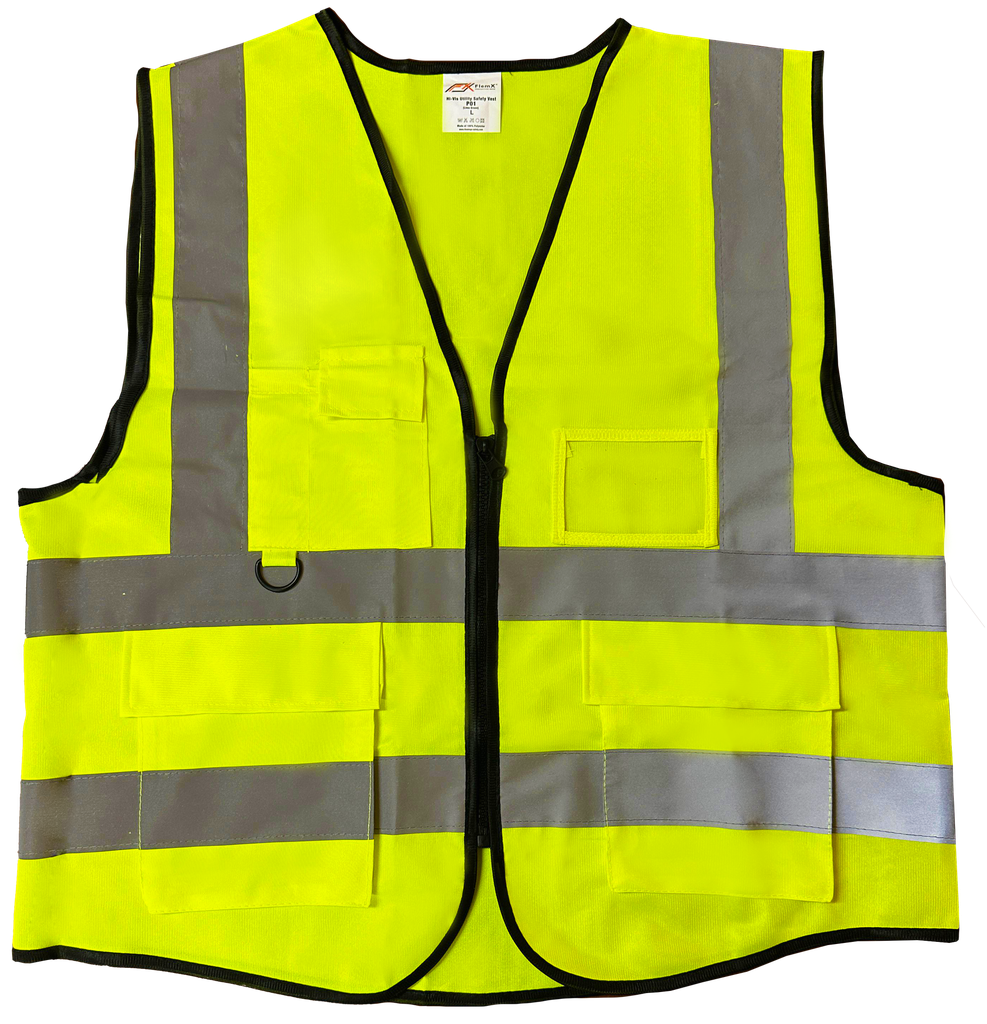 FlemX, Safety Vest P01, Zip Front, 4 pockets, 2inch Reflective Tape, Lime Green