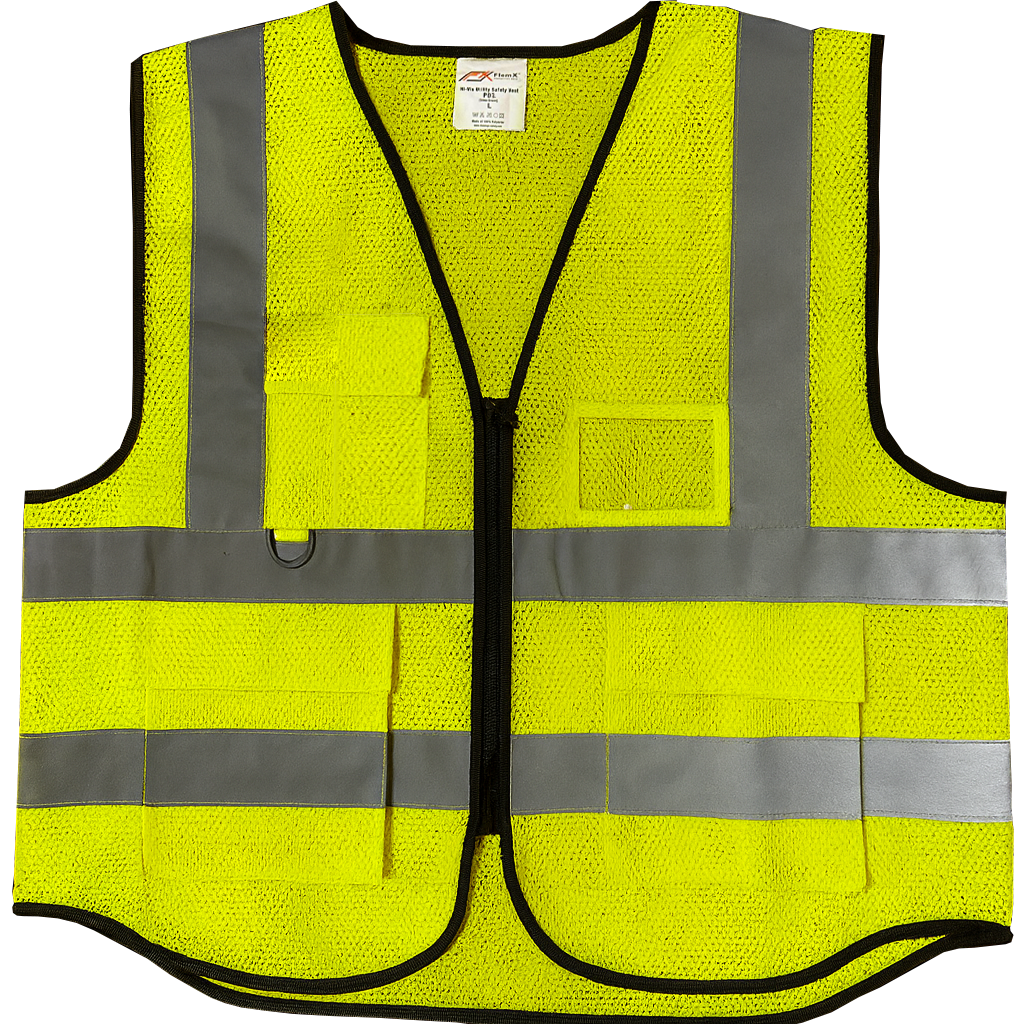 FlemX, Safety Vest P02, Zip Front, 4 pockets, Bird Eye Mesh, 2inch Reflective Tape, Lime Green